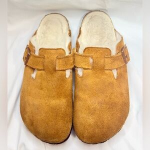 Birkenstock Boston Womens EU 41 US 10 Brown Suede Shearling Lined Slip On Clogs